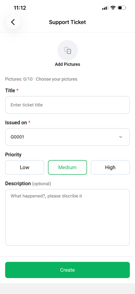 RenTA PORTAL - RenTA PORTAL app interface for creating a maintenance support ticket with priority settings and photo upload