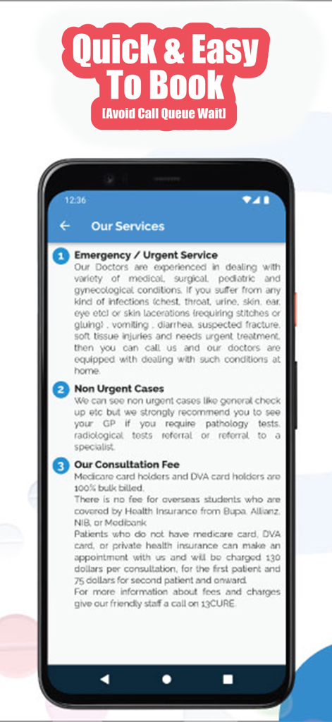 13CURE app interface showing emergency and non urgent medical services plus consultation fee information