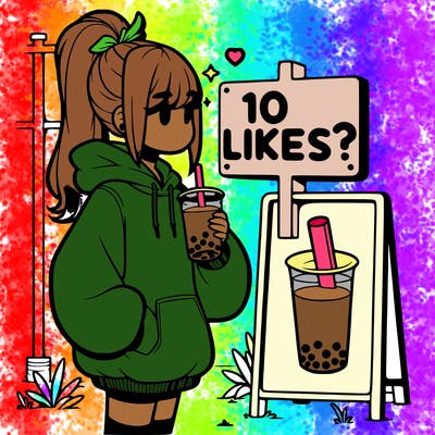 girl with oversized hoodie drinking boba and she has a high ponytail with a sign that says 10likes?