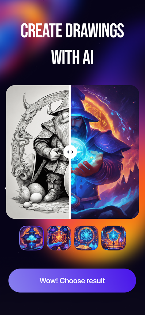 Imagine AI - Image generator - Una pantalla dividida comparando un boceto de mago y una ilustración de fantasía colorida generada por IA.