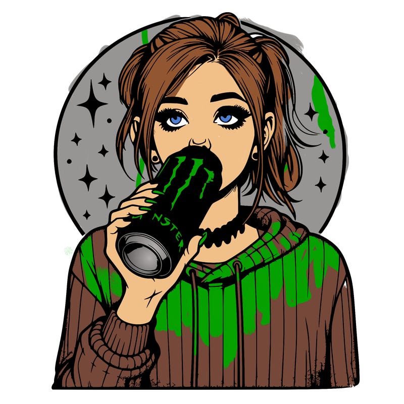 realistic girl drinking monster energy drink