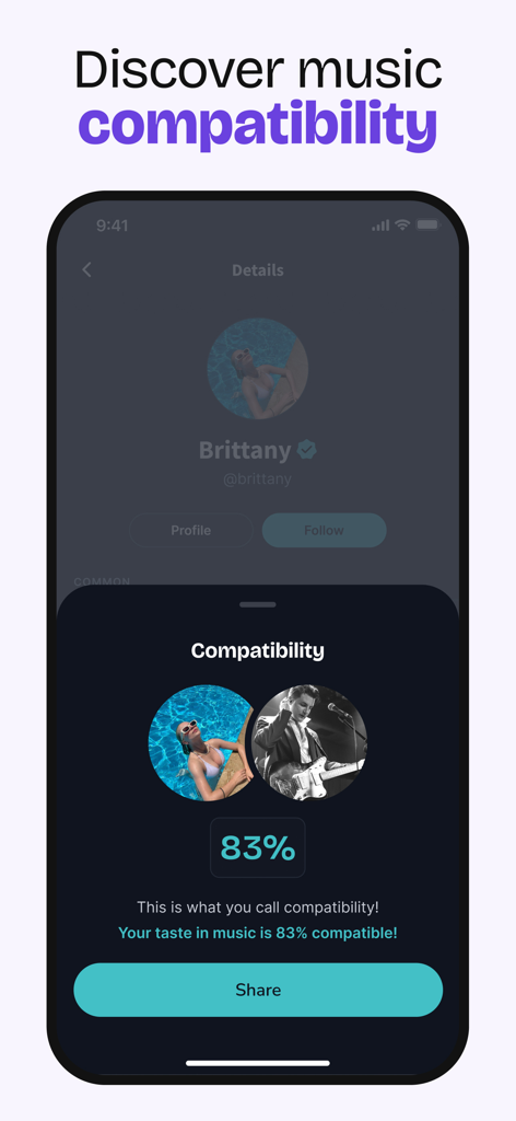 makromusic Dating for Spotify - A smartphone screen showing an 83 percent music compatibility match between two users on the makromusic app