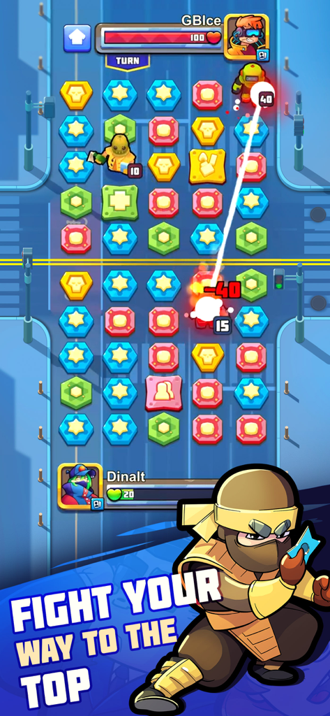 Puzzle Wars: Heroes - Gameplay von Puzzle Wars Heroes, das ein Echtzeit-Match-3-Duell zwischen zwei Spielern mit einem Ninja-Helden im Vordergrund zeigt.