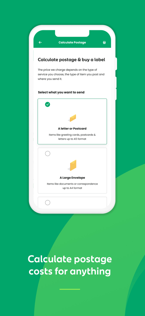 An Post: Track & Manage - A screenshot of the An Post mobile app showing the postage calculation feature for letters and envelopes.