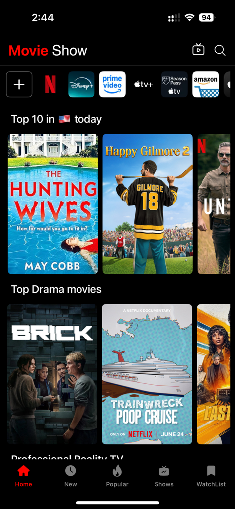 Movies Box: Movies & TV Show - 미국에서 인기 있는 영화와 스트리밍 플랫폼을 보여주는 Movies Box 앱 홈 화면