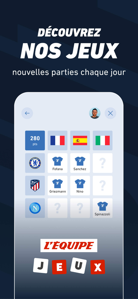 L’EQUIPE - live, sport, tv - L Equipe app interface featuring sports trivia and soccer grid games