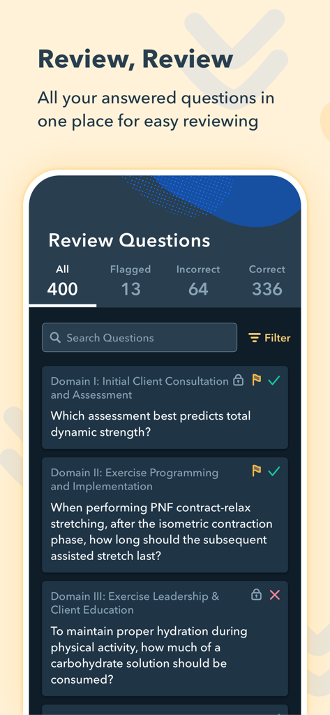 The Review Questions screen in the Pocket Prep Fitness app showing practice exam results and questions categorized by domain.