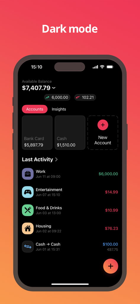 Axia - Budget Tracker - Axia budget tracker dashboard showing accounts and transactions in dark mode