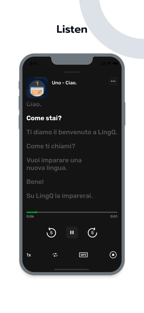 Learn Korean | LingQ - La interfaz de la aplicación LingQ que muestra la función de Escucha con controles de audio y texto sincronizado para el aprendizaje de idiomas