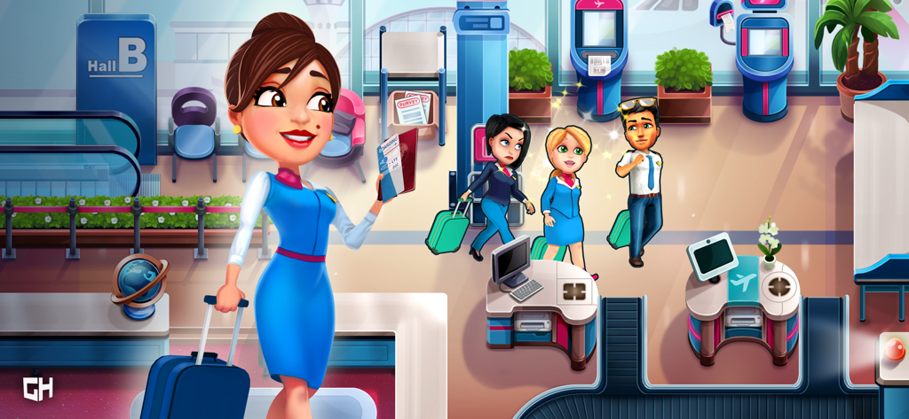 Amber Hope debout dans un terminal d'aéroport animé, tenant une valise et une carte d'embarquement