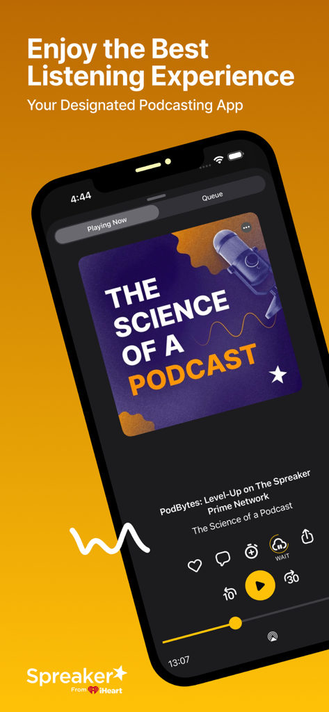 Spreaker Podcasts - 팟캐스트 재생 컨트롤과 'The Science of a Podcast'라는 제목의 에피소드가 표시된 팟캐스트 플레이어인 Spreaker Podcasts 앱의 인터페이스