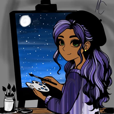 realistic girl artist painting a blank canvas