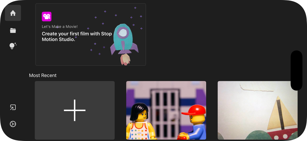 Stop Motion Studio Pro home screen showing project gallery and create new movie button