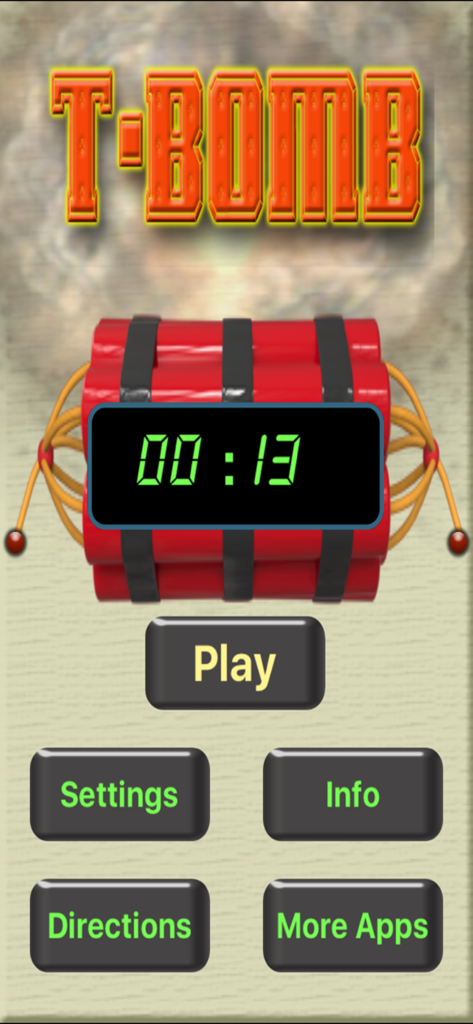 T-Bomb - Menu principal do jogo móvel T-Bomb com um maço de dinamite vermelho e um cronômetro.