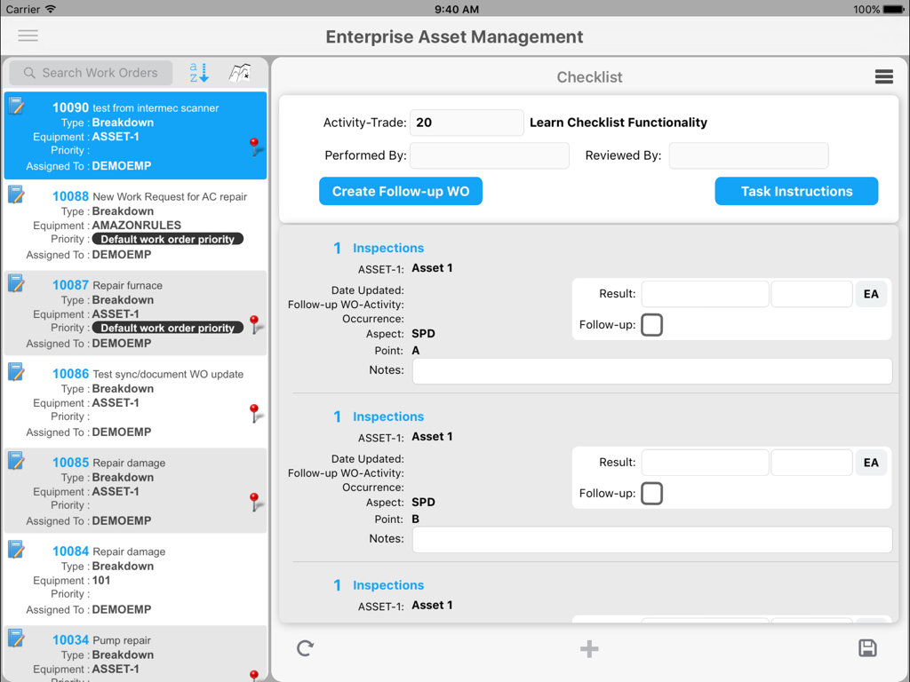 HxGN EAM Mobile Connected - Work order list and inspection checklist on HxGN EAM Mobile Connected iPad application