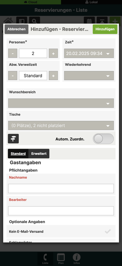 gastronovi Office - Interface of the gastronovi Office app showing the form to add a new table reservation for a restaurant.