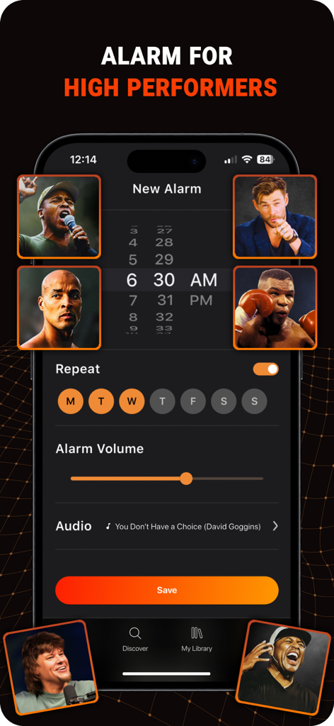 Mindset: Daily Motivation App - Mindset app motivational alarm clock interface for high performers featuring celebrity speeches