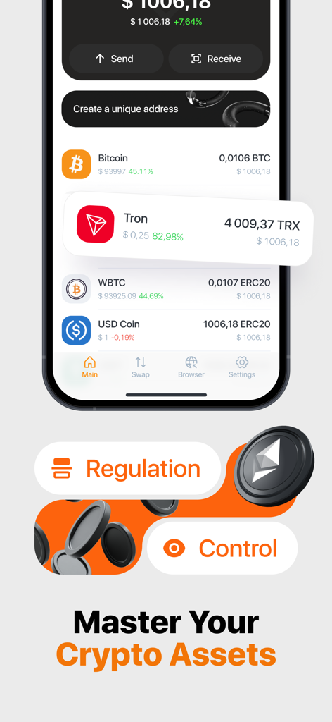 Safe Wallet app interface displaying crypto balances and the slogan Master Your Crypto Assets