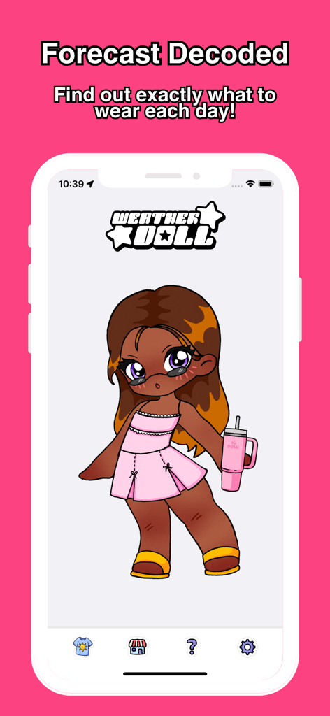 Weather Doll - Un smartphone mostrando la aplicación Weather Doll con un personaje con un vestido de verano rosa sosteniendo un vaso para sugerir atuendos para el clima diario