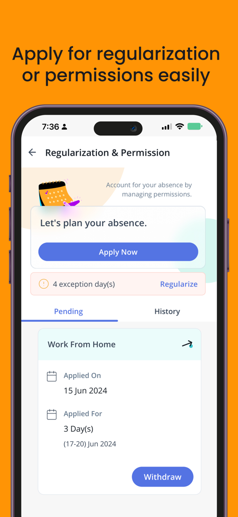 A mobile screen from greytHR showing leave and regularization management options.