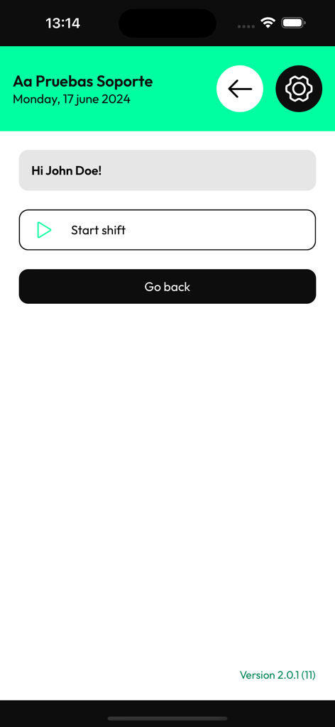 Orquest InStore - Orquest InStore app screen showing a start shift button for employee clocking in