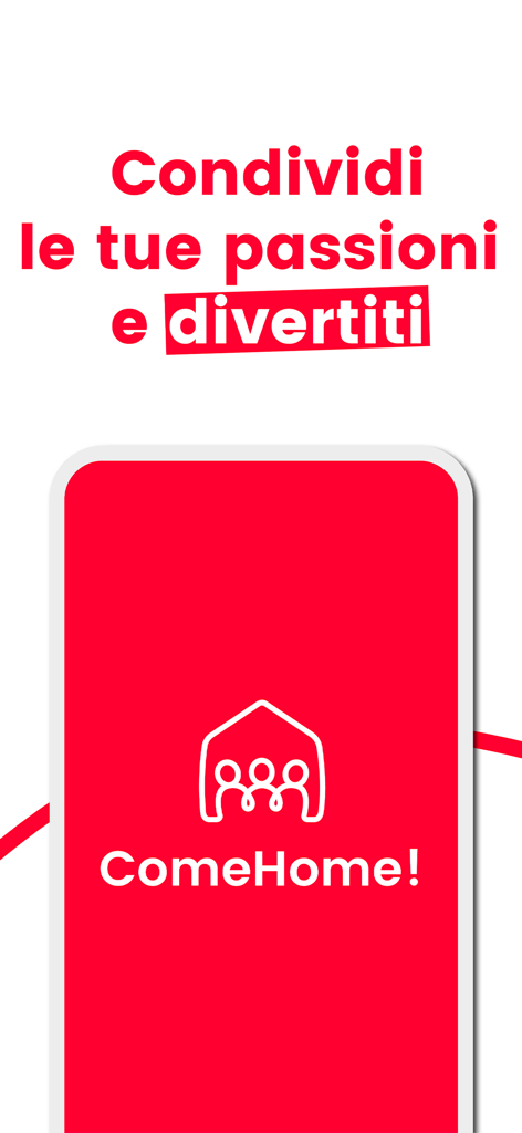 comehome! - Splash screen of the comehome app with a red background and house logo showing people together.