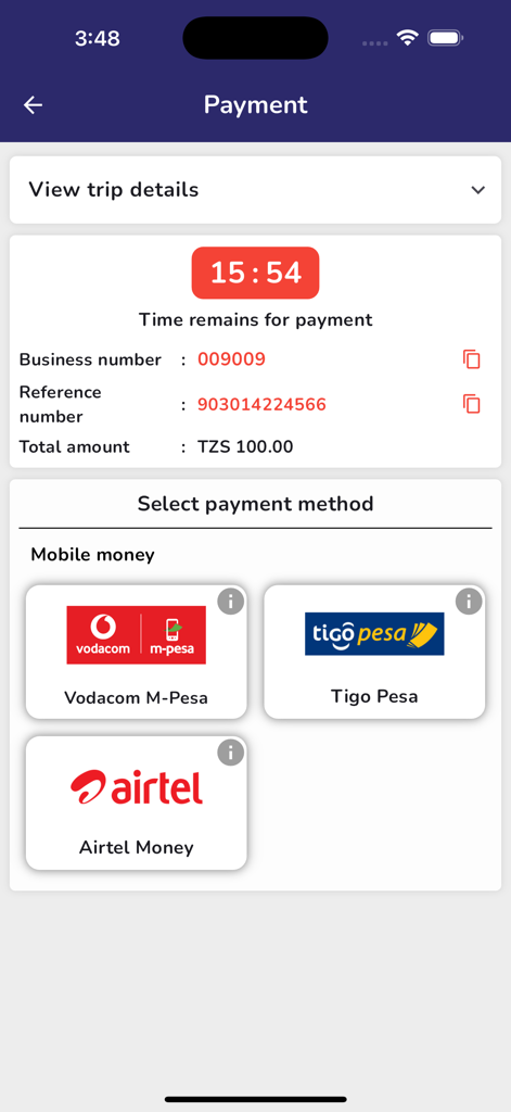 Payment screen for Katarama Luxury bus tickets featuring Tanzanian mobile money providers.