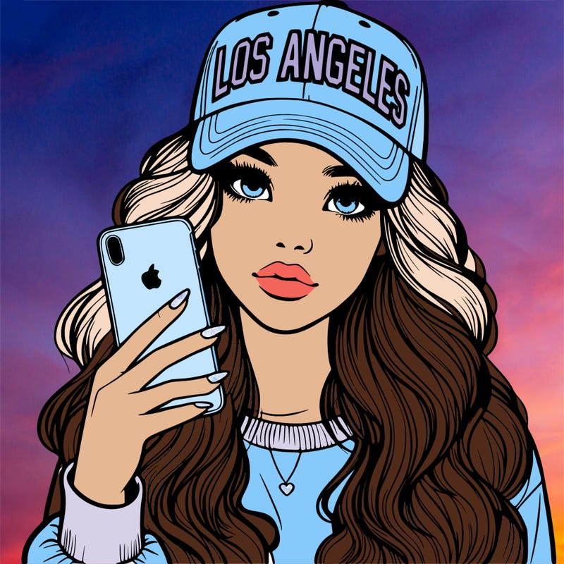 realistic beautiful girl wearing los ángeles cap holding an iphone