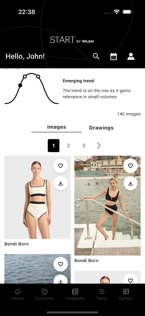START by WGSN - START by WGSN app interface showing an emerging trend graph and a curated gallery of fashion images for design inspiration.