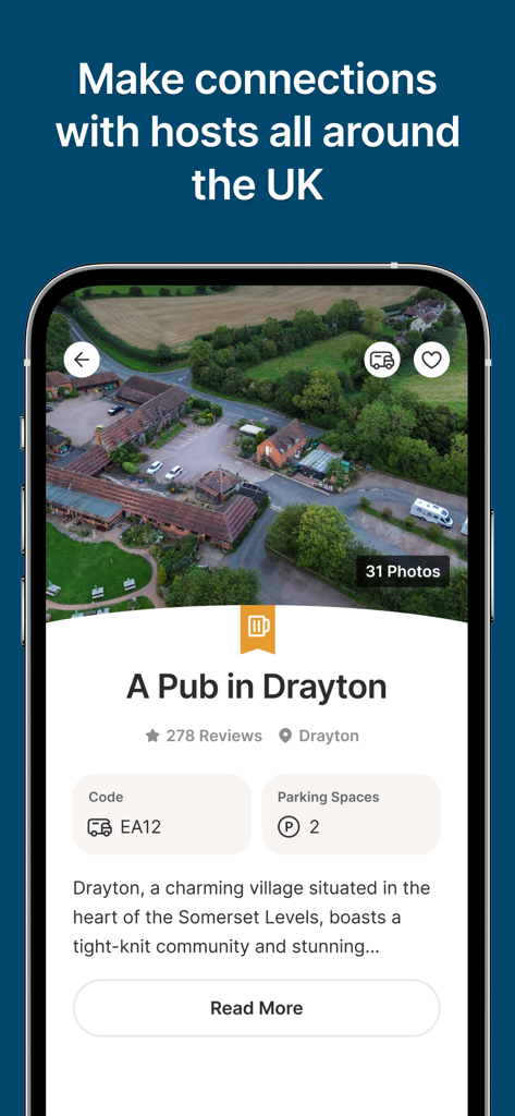 Brit Stops - Brit Stops app interface showing details for a pub in Drayton including an aerial photo of the location and parking availability.