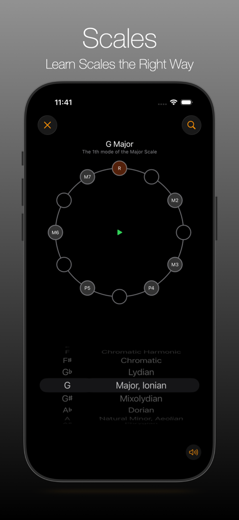 Scale-Up! - A mobile app interface from Scale-Up showing a circular diagram for the G Major scale on a dark background