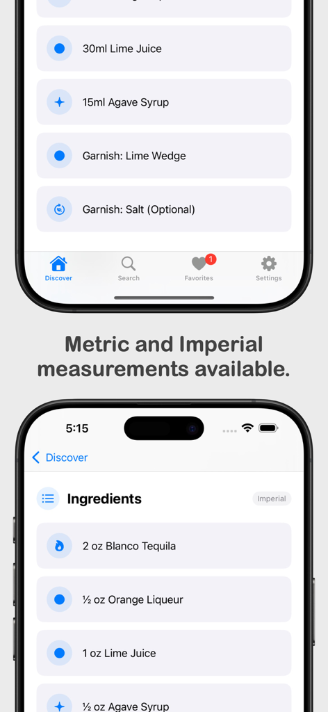 Cocktail Codex - Comparación lado a lado de ingredientes de recetas de cócteles que muestran la conversión de medidas entre mililitros y onzas en la interfaz de la aplicación Cocktail Codex.