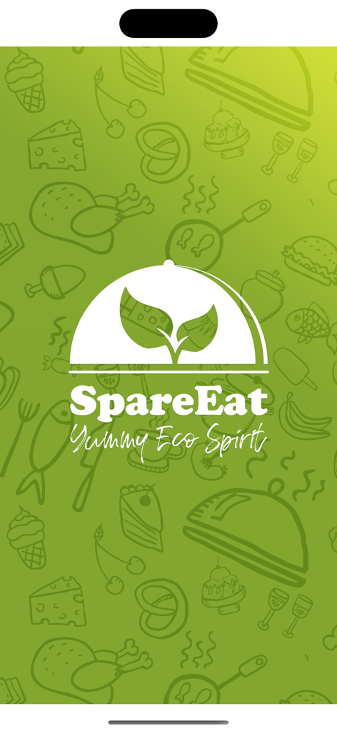 SpareEat app logo and slogan Yummy Eco Spirit on a green background with food illustrations