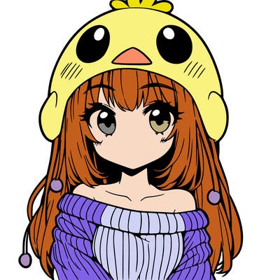 anime girl with chick shaped hat with sweater with bare shoulders with bangs covering them one eye with low tail