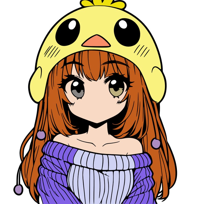 anime girl with chick shaped hat with sweater with bare shoulders with bangs covering them one eye with low tail