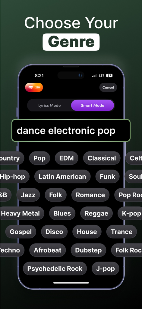 AI Song Generator - Zona - A mobile app screen titled Choose Your Genre displaying various music style tags like Pop EDM and Hip-hop for AI song generation