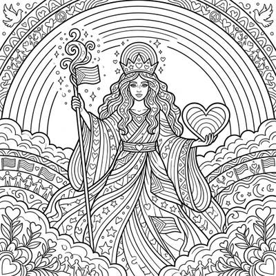Celebrate the spirit of love and diversity with this stunning coloring page featuring a majestic goddess embodying Pride. Immerse yourself in a world of rainbows, hearts, and unity as you bring this divine illustration to life.