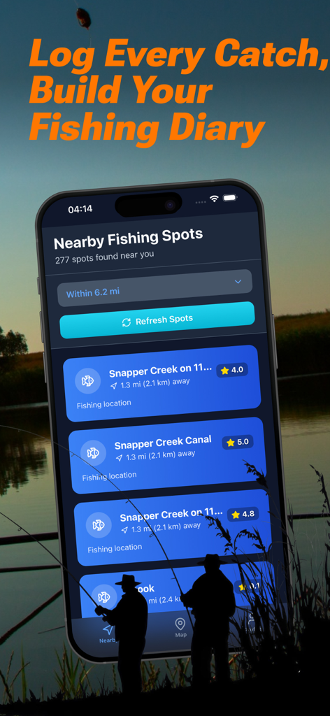 Fishing Spots－Fish Finder App - Una interfaz de aplicación móvil que muestra una lista de puntos de pesca cercanos con calificaciones y distancias.