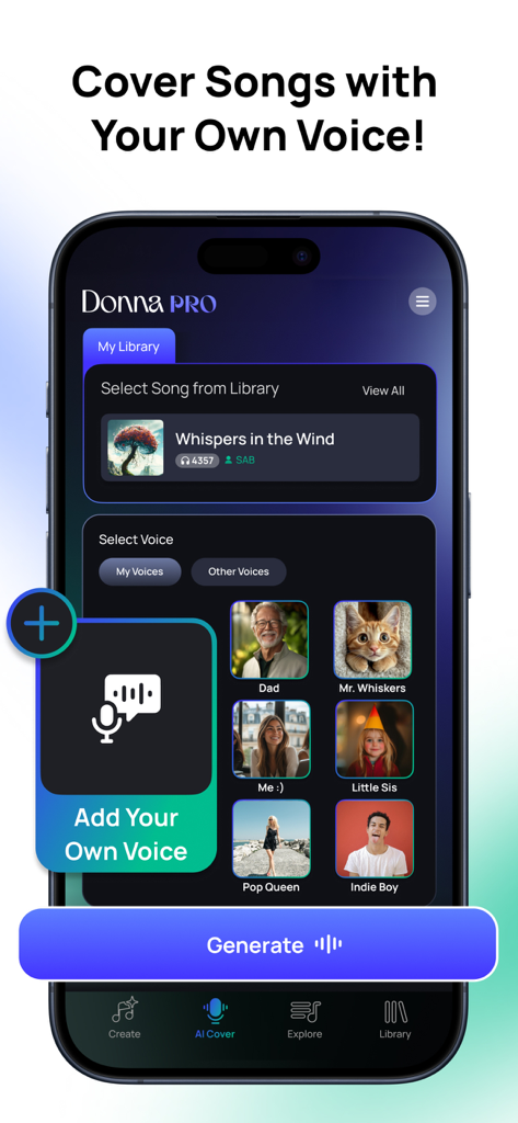 Tela de smartphone exibindo o recurso de capa de voz personalizada no aplicativo de música Donna com opções para adicionar uma voz pessoal e selecionar músicas