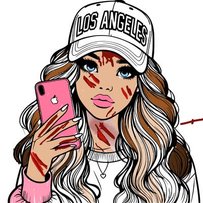 realistic beautiful girl wearing los ángeles cap holding an iphone