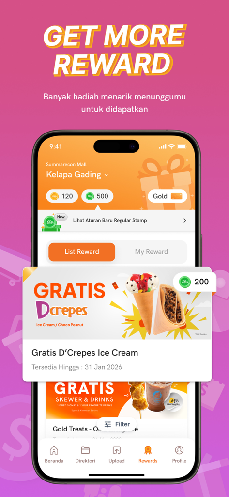 Summarecon Mall - Summarecon Mall mobile app interface showing loyalty points and available rewards like free crepes