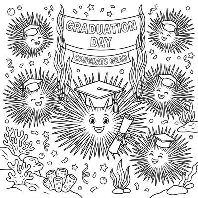 Commemorate academic achievements with our adorable Diadema Urchins Graduation Day coloring page. These spiky sea creatures are ready to celebrate with caps, diplomas, and underwater cheer, perfect for a fun and unique coloring experience.