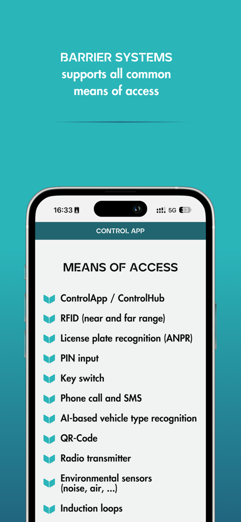 Un elenco di metodi di accesso supportati in BarrierSystems ControlApp, inclusi RFID ANPR e codici QR.