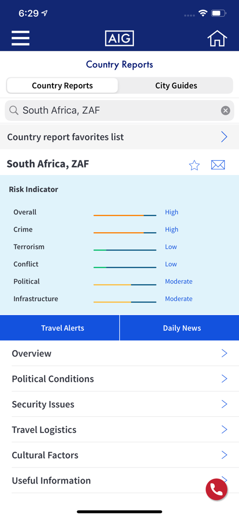AIG Travel Assistance - La aplicación AIG Travel Assistance mostrando un informe de riesgo país para Sudáfrica con indicadores de seguridad y protección.