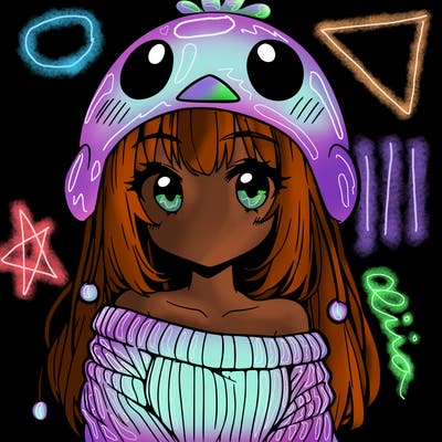 anime girl with chick shaped hat with sweater with bare shoulders with bangs covering them one eye with low tail