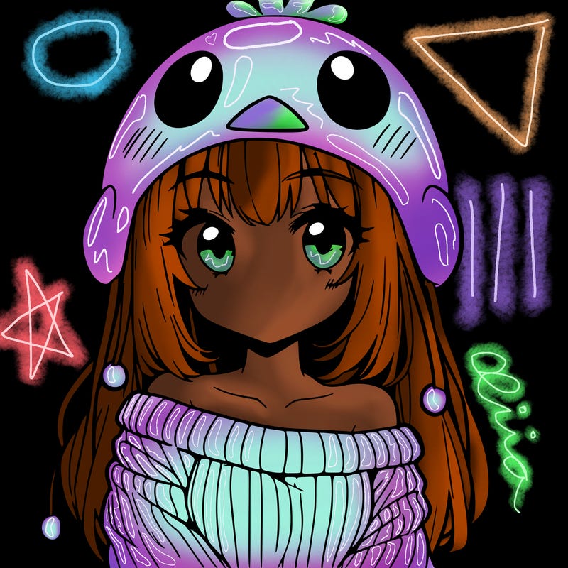 anime girl with chick shaped hat with sweater with bare shoulders with bangs covering them one eye with low tail