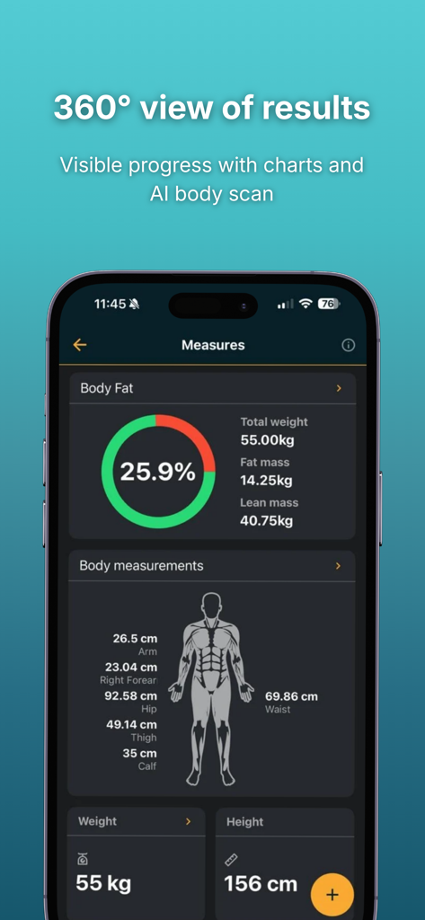 PersonalGO - Interface do aplicativo PersonalGO mostrando dados de percentual de gordura corporal e medidas corporais
