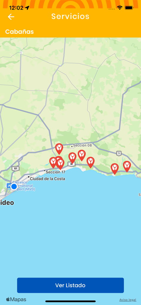 Turismo Canelones - Visualização de mapa do aplicativo Turismo Canelones mostrando localizações de cabanas e serviços turísticos no Uruguai