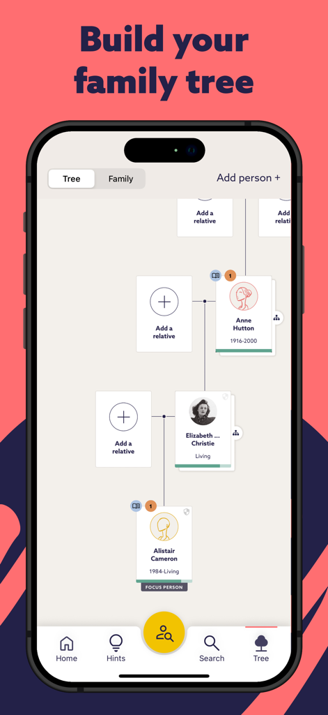 Findmypastアプリのインターフェース。先祖の名前と記録のヒントが表示されたデジタル家系図を示しています。