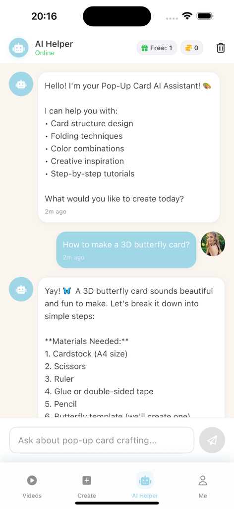 Popi - Video & Connect - Screenshot of the Popi app AI Helper providing a step-by-step tutorial for creating a 3D butterfly card